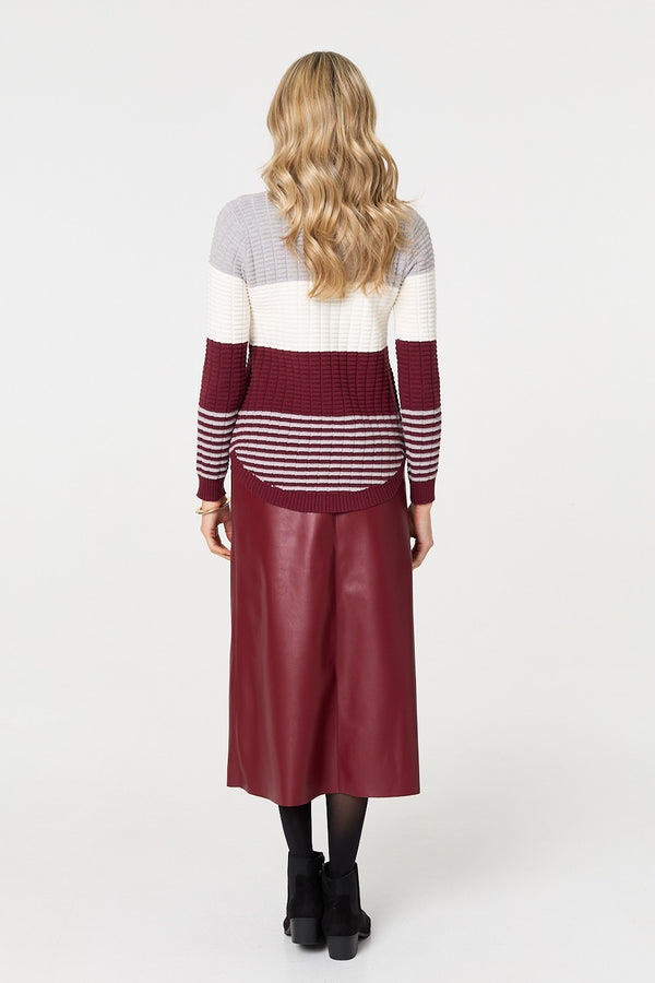 Red | Colour Block Textured Curve Hem Jumper