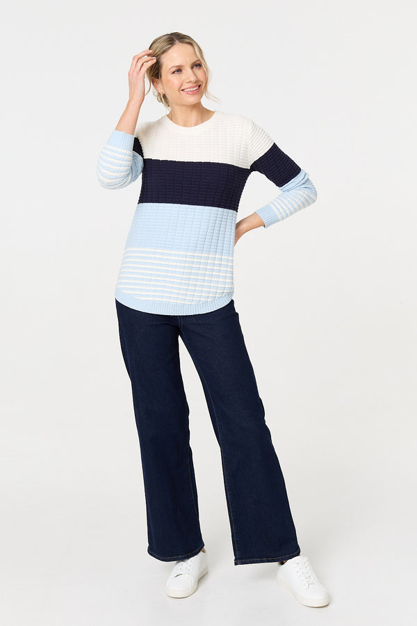 Blue | Colour Block Textured Curve Hem Jumper
