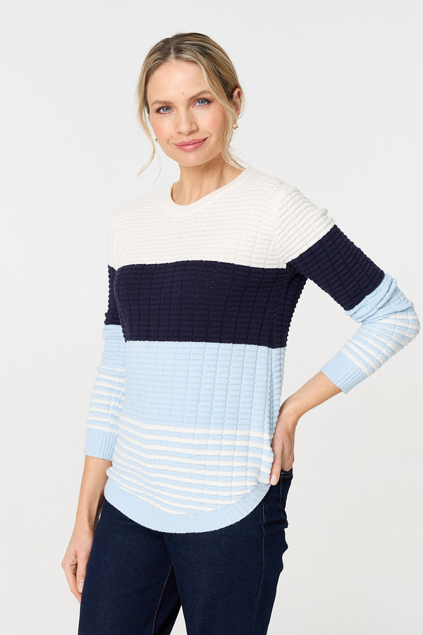 Blue | Colour Block Textured Curve Hem Jumper