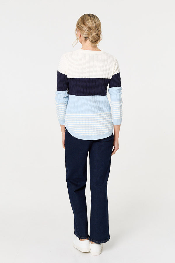Blue | Colour Block Textured Curve Hem Jumper