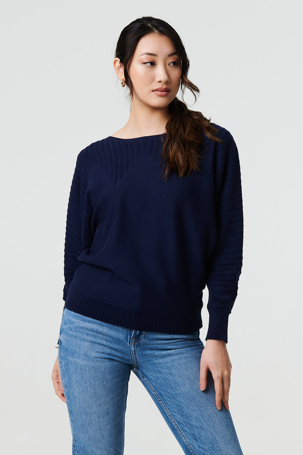Navy | Stripe Texture Boat Neck Boxy Fit Jumper
