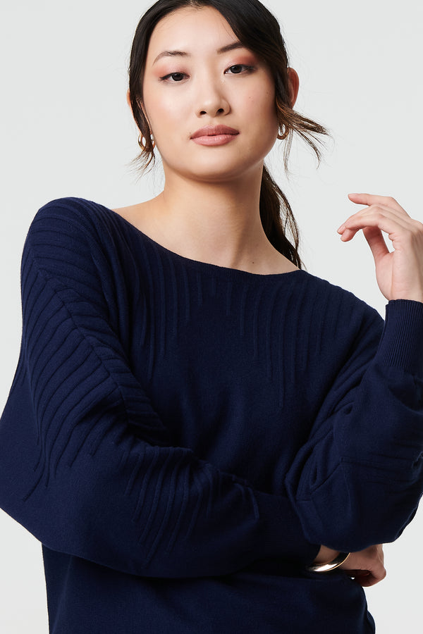 Navy | Stripe Texture Boat Neck Boxy Fit Jumper