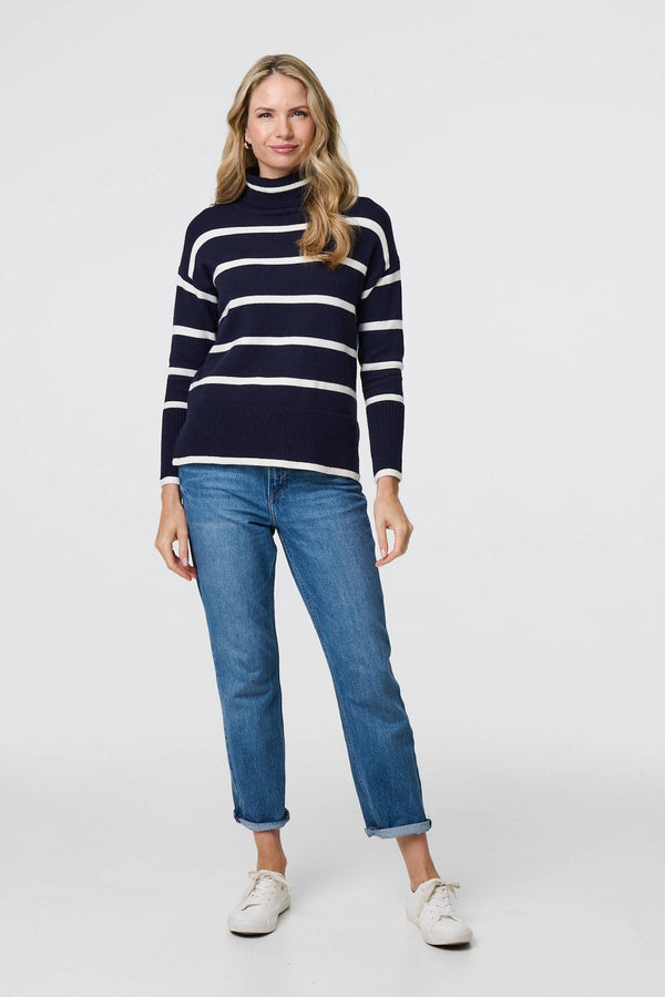 Navy | Striped Roll Neck Relaxed Jumper