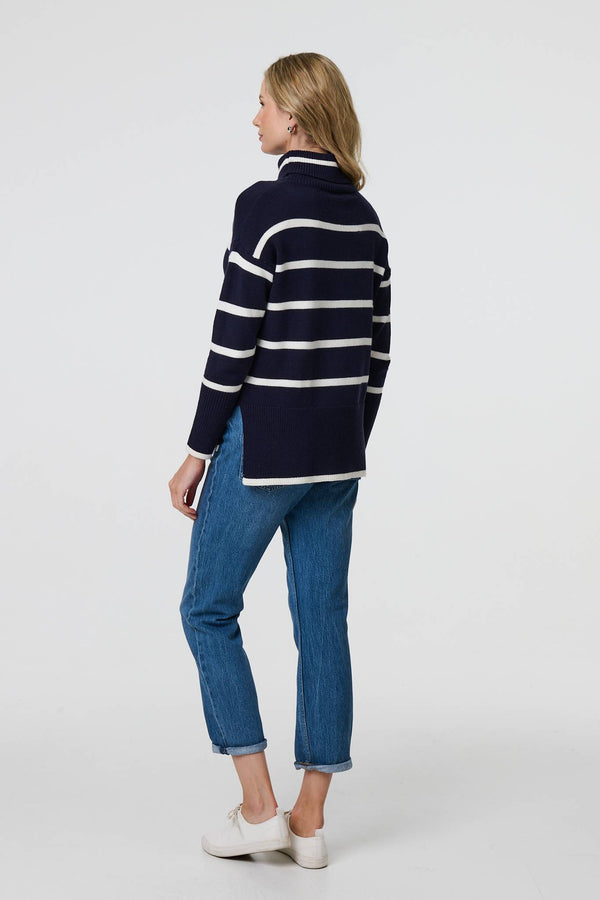 Navy | Striped Roll Neck Relaxed Jumper