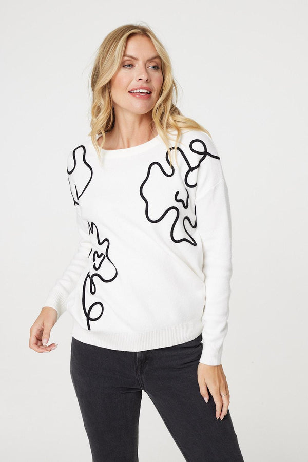 White | Abstract Print Scoop Neck Pullover