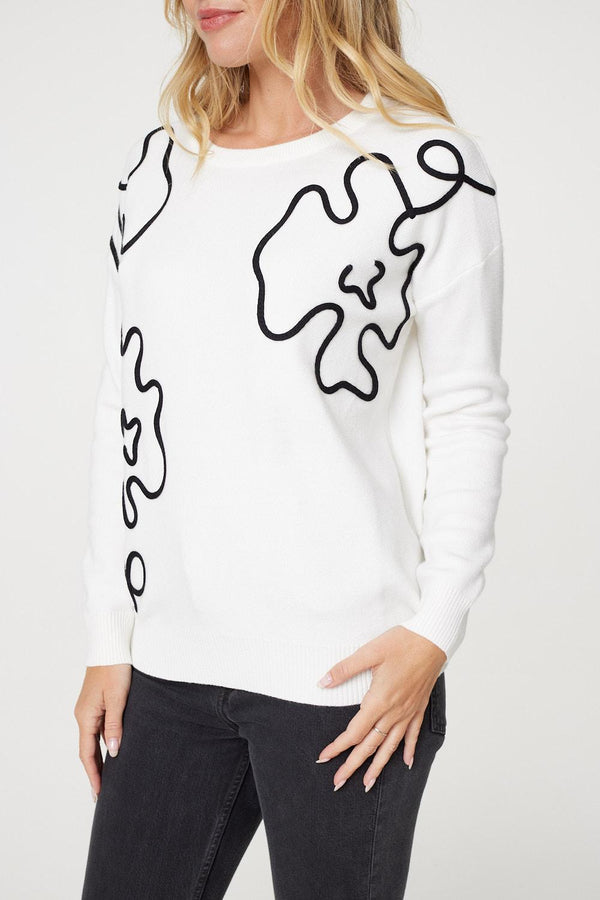 White | Abstract Print Scoop Neck Pullover