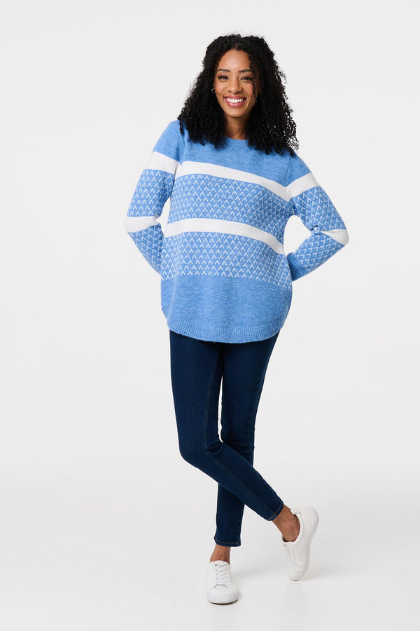 Blue | Stripe Print Relaxed Curve Hem Jumper