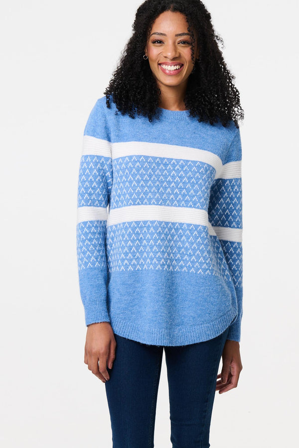 Blue | Stripe Print Relaxed Curve Hem Jumper