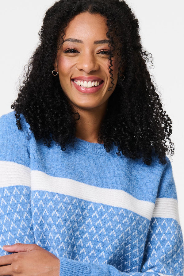 Blue | Stripe Print Relaxed Curve Hem Jumper