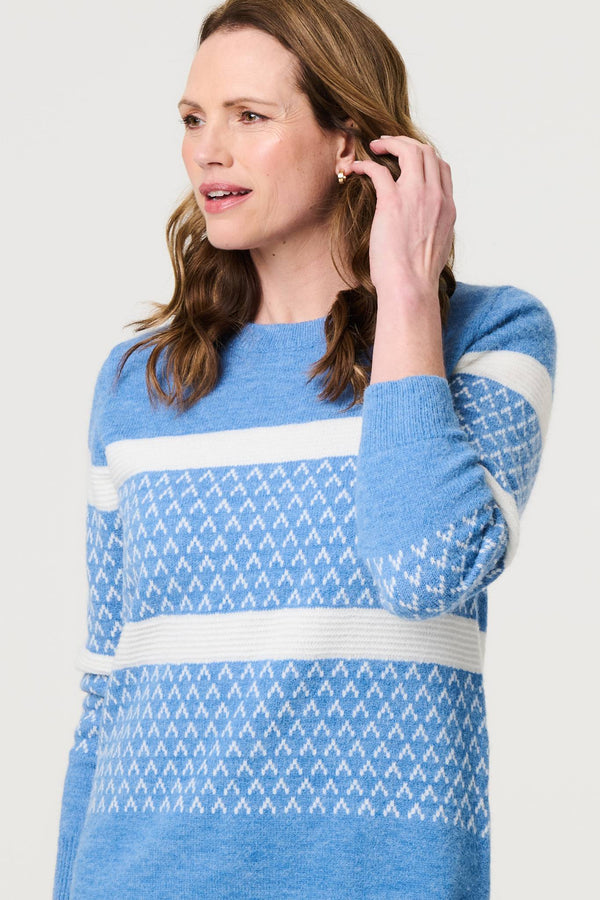 Blue | Stripe Print Relaxed Curve Hem Jumper