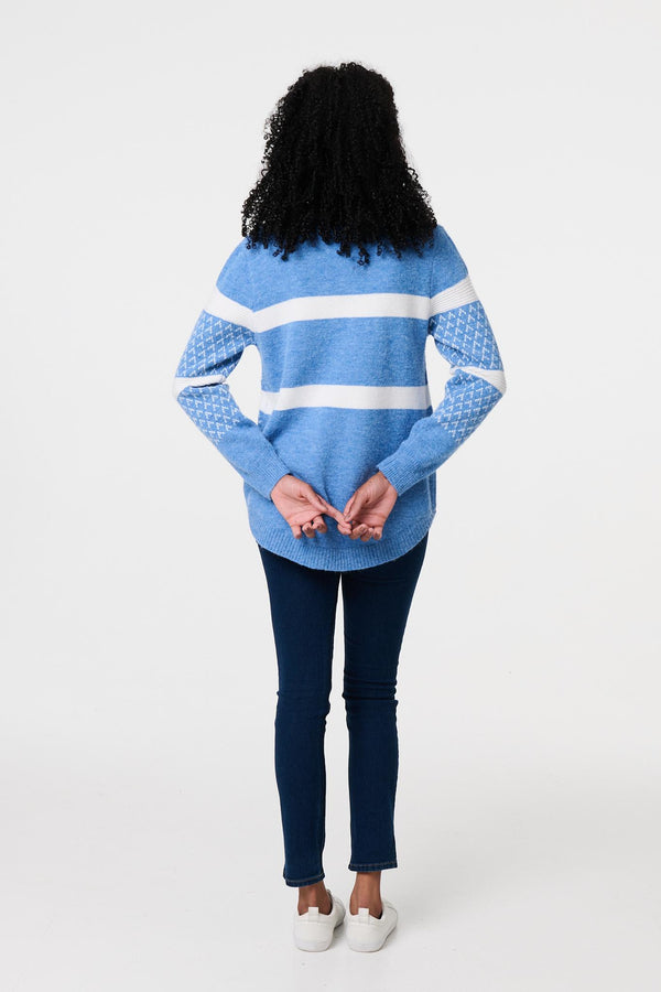 Blue | Stripe Print Relaxed Curve Hem Jumper