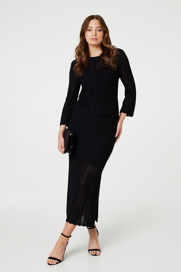 Black | High Waist Crochet Knit Midi Skirt