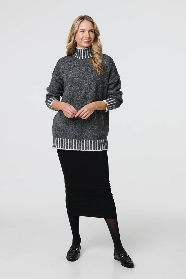 Grey | Stripe Trim High Neck Oversized Jumper