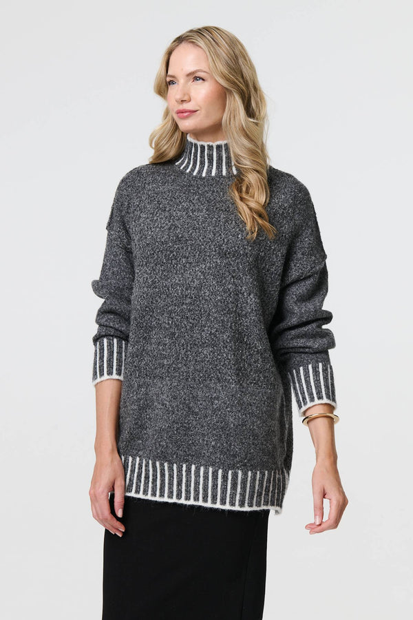 Grey | Stripe Trim High Neck Oversized Jumper