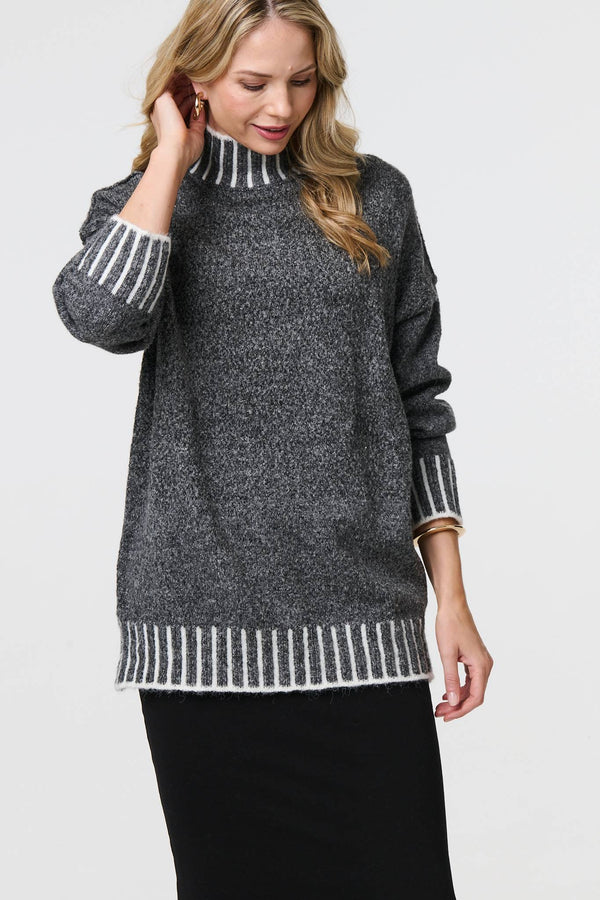 Grey | Stripe Trim High Neck Oversized Jumper