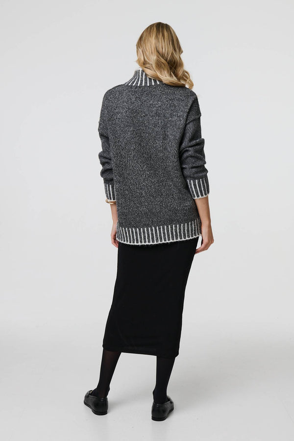 Grey | Stripe Trim High Neck Oversized Jumper