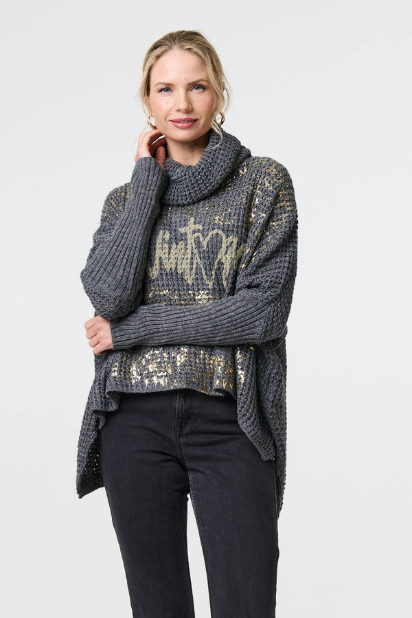 Grey | Graphic Print Metallic Roll Neck Jumper