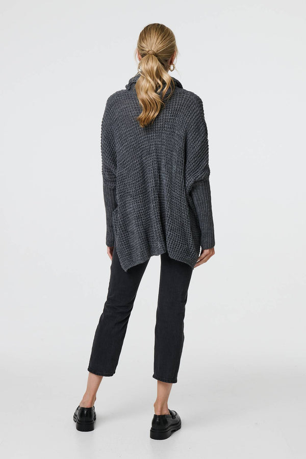 Grey | Graphic Print Metallic Roll Neck Jumper