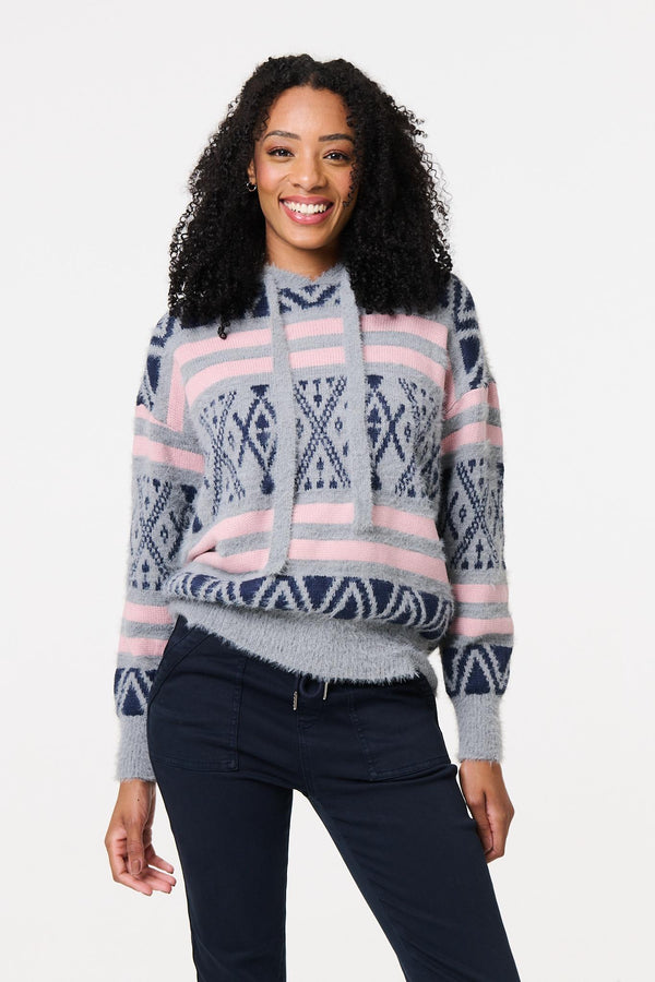 Grey | Ikat Print Relaxed Hooded Sweatshirt