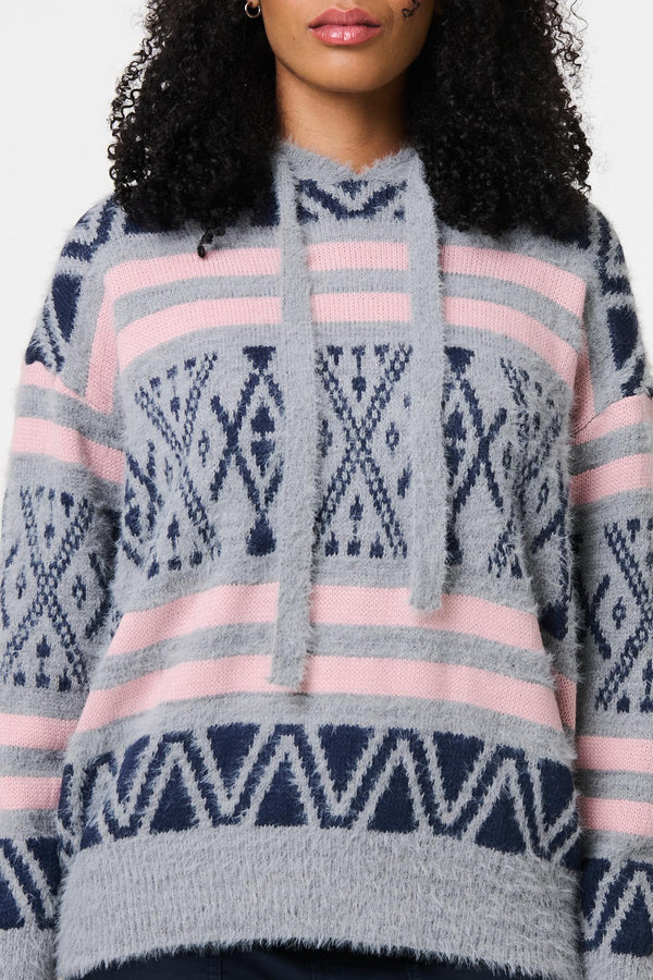 Grey | Ikat Print Relaxed Hooded Sweatshirt