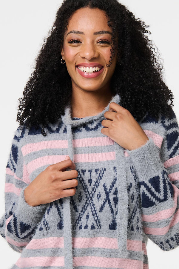 Grey | Ikat Print Relaxed Hooded Sweatshirt