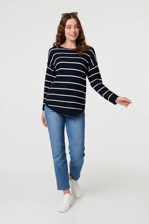 Navy | Striped Drop Shoulder Long Sleeve Top
