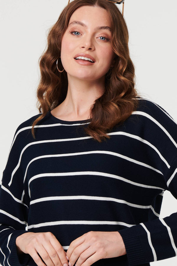 Navy | Striped Drop Shoulder Long Sleeve Top