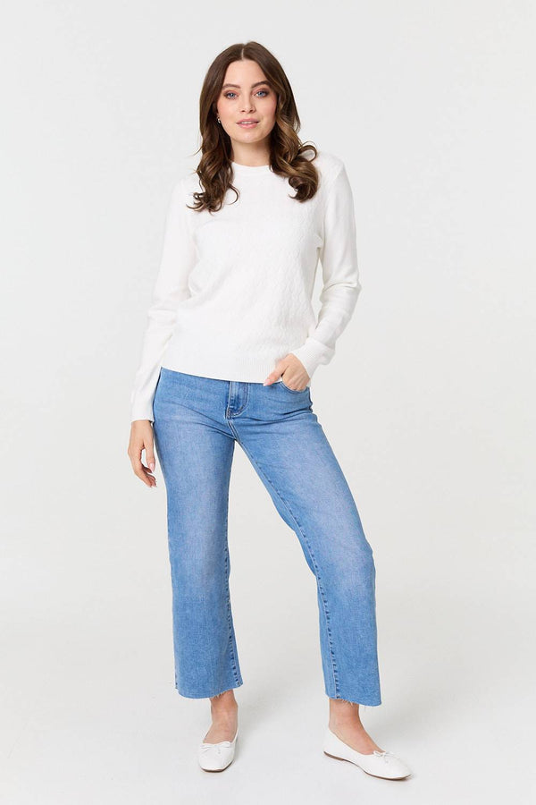 White | Textured Knitted Long Sleeve Jumper