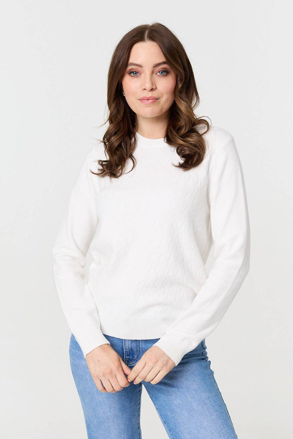 White | Textured Knitted Long Sleeve Jumper