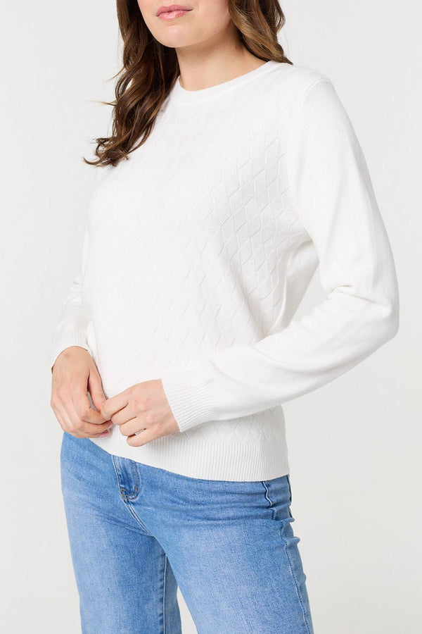 White | Textured Knitted Long Sleeve Jumper