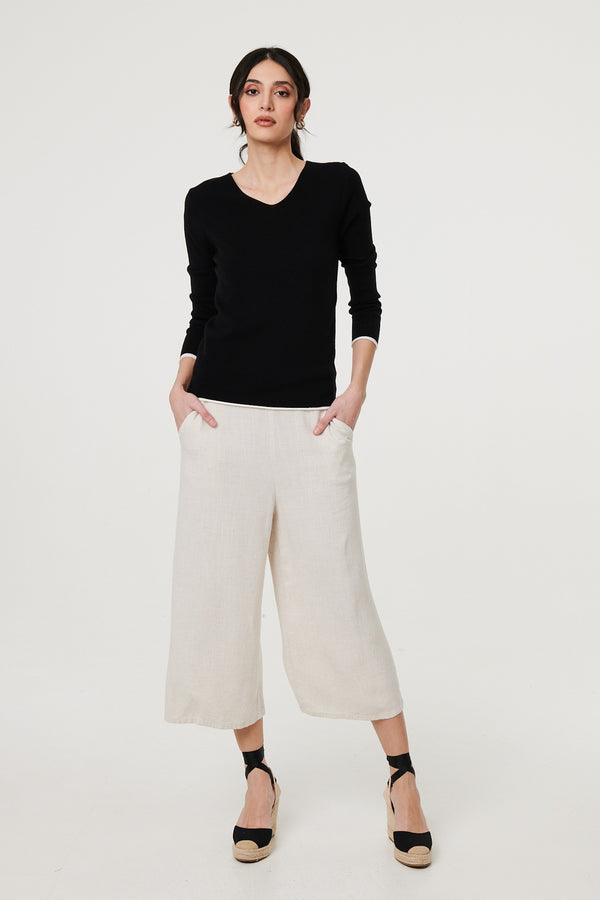 Black | Contrast Trim V-Neck Knit Top