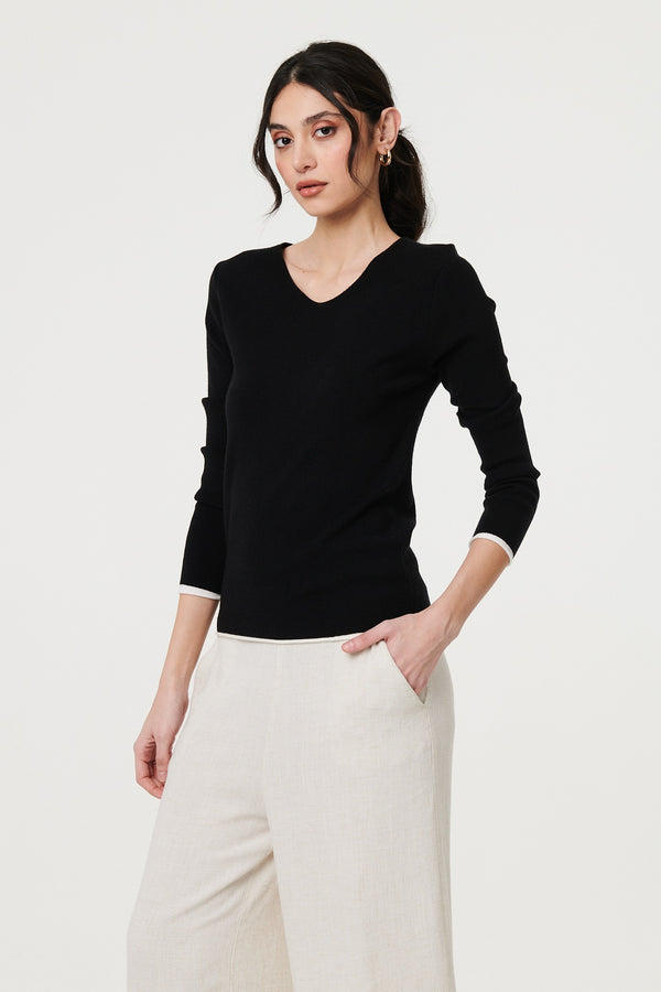 Black | Contrast Trim V-Neck Knit Top