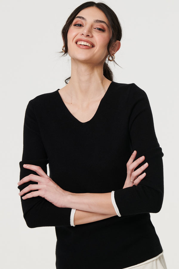 Black | Contrast Trim V-Neck Knit Top