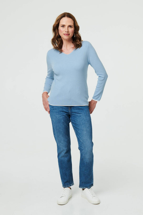 Blue | Contrast Trim V-Neck Knit Top