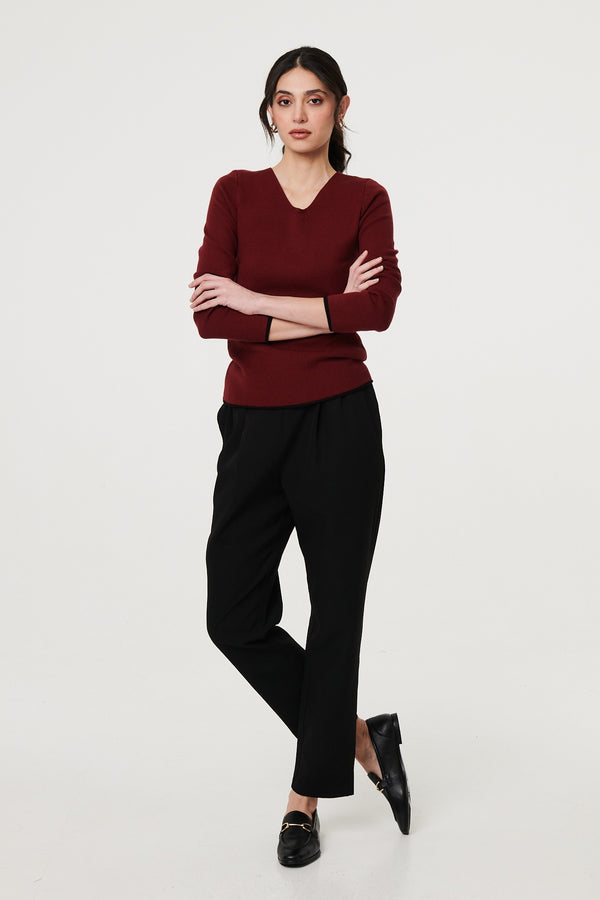 Red | Contrast Trim V-Neck Knit Top