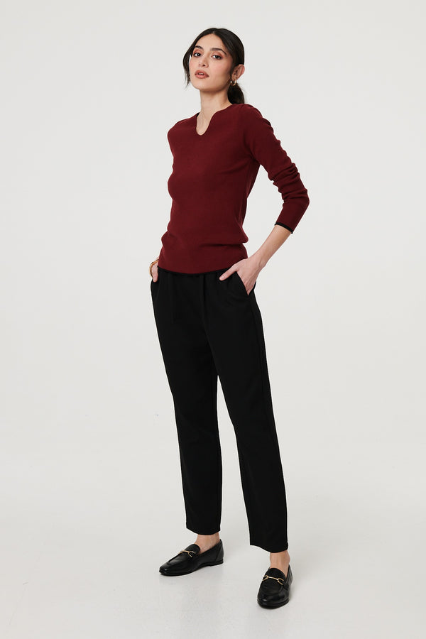 Red | Contrast Trim V-Neck Knit Top