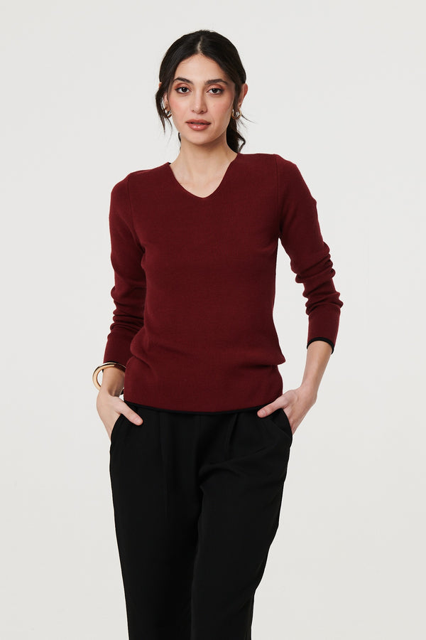 Red | Contrast Trim V-Neck Knit Top