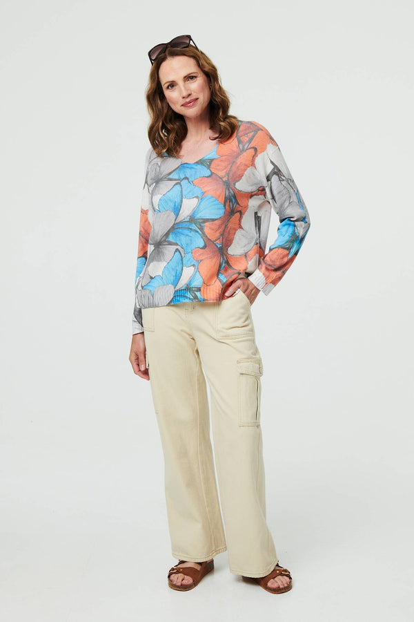 Blue | Butterfly Print Long Sleeve Relaxed Top
