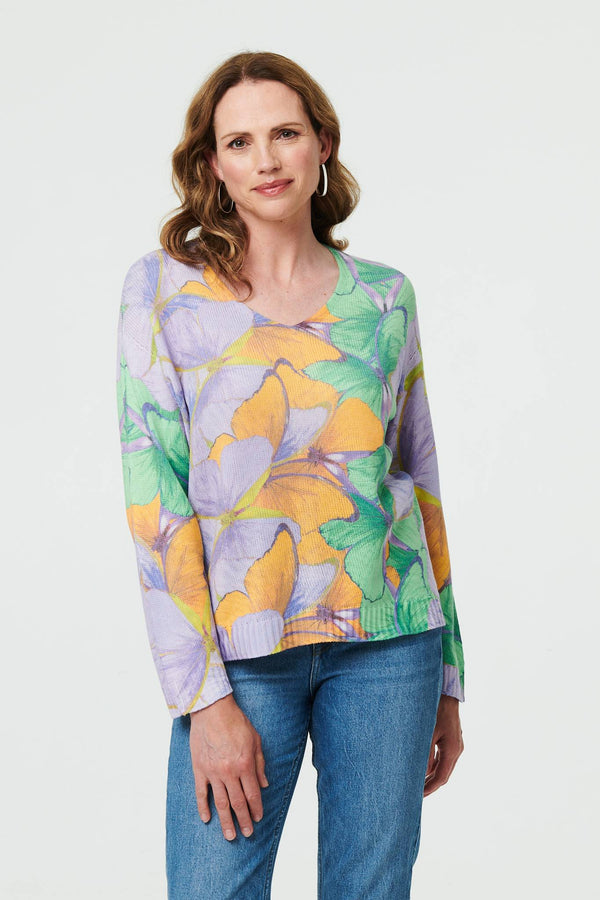 Purple | Butterfly Print Long Sleeve Relaxed Top : Model is 5'9"/175 cm and wears UK10/EU38/US6/AUS10