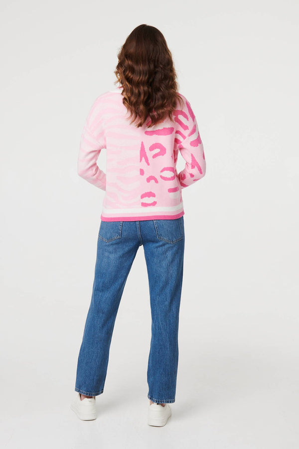 Pink | Animal Print Long Sleeve V-Neck Jumper