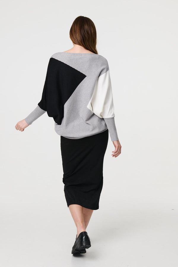 Grey | Colour Block Oversized Batwing Jumper