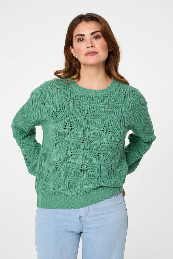 Green | Textured Knit Relaxed Long Sleeve Jumper