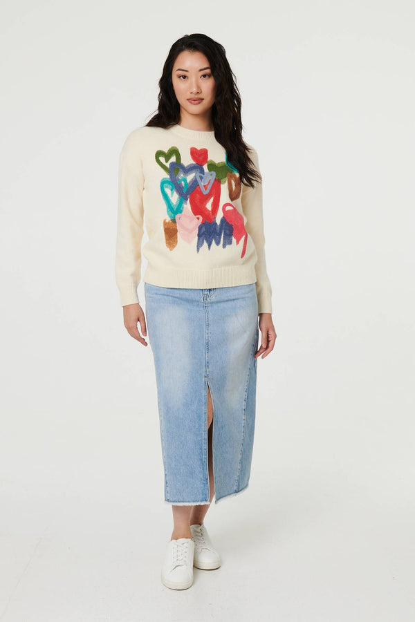 Ivory | Heart Print Drop Shoulder Jumper