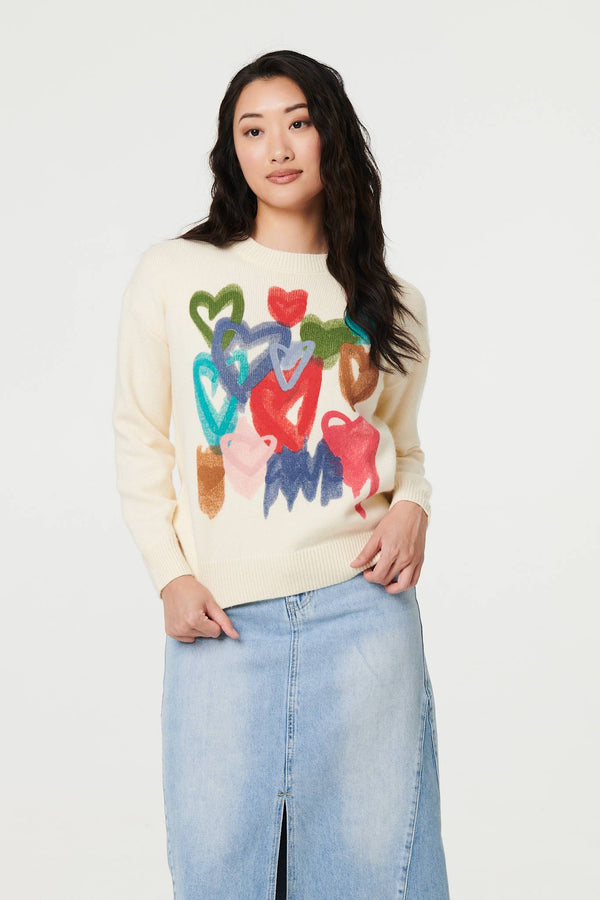 Ivory | Heart Print Drop Shoulder Jumper