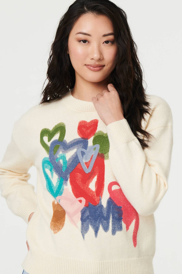 Ivory | Heart Print Drop Shoulder Jumper