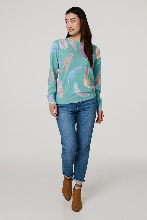 Sage | Feather Print Diamante Detail Jumper