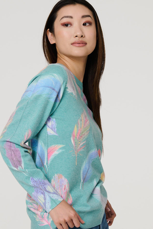 Sage | Feather Print Diamante Detail Jumper