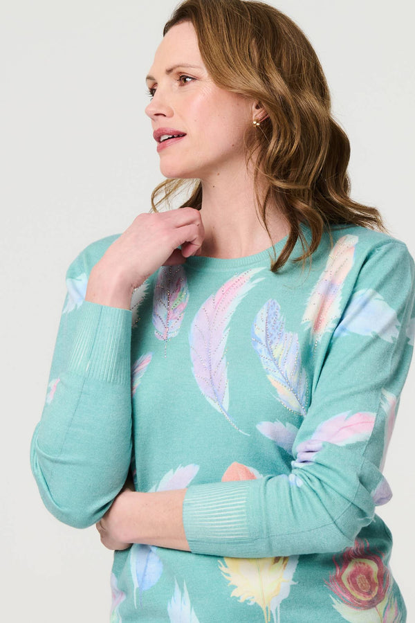 Sage | Feather Print Diamante Detail Jumper