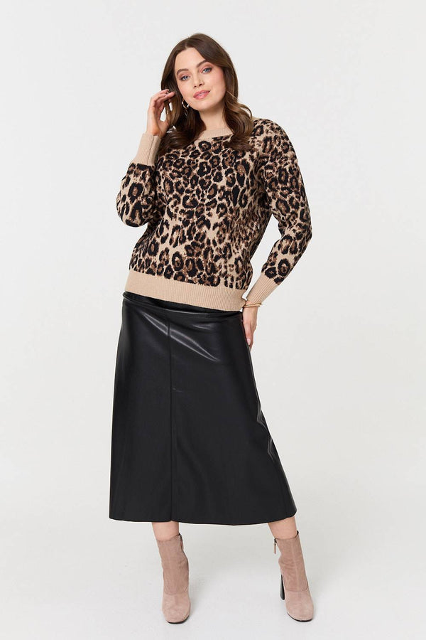Beige | Animal Print Contrast Hem Knit Jumper