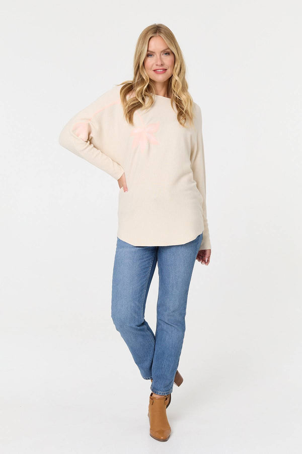 Beige | Floral Long Batwing Sleeve Relaxed Top